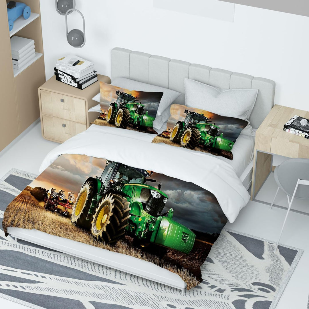 Traktor kinderbettwäsche 220x240cm,3-teilig Grün Traktor Bettwäsche-Set mit Reissverschluss und 2 Ki