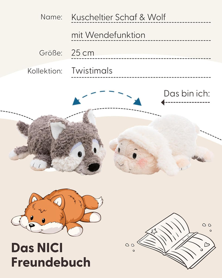 Kuscheltier Schaf & Wolf 25cm mit Wendefunktion 2in1 - beige - Stofftier aus weichem Plüsch, niedlic
