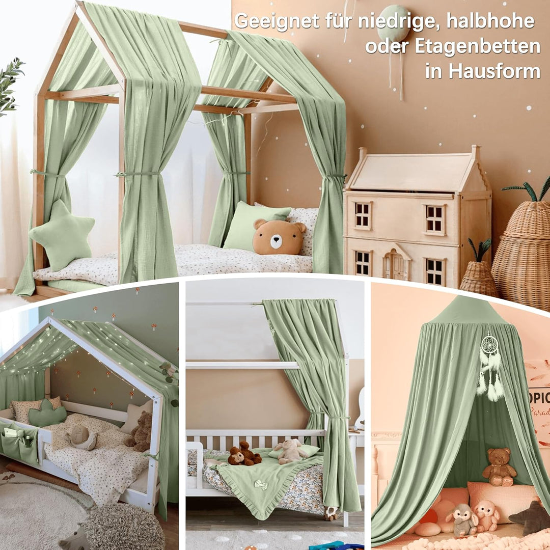 Hausbett Himmel Deko Set, Betthimmel Hausbett aus Musselin - 2 Betthimmel & 1 Wimpelkette, für Junge