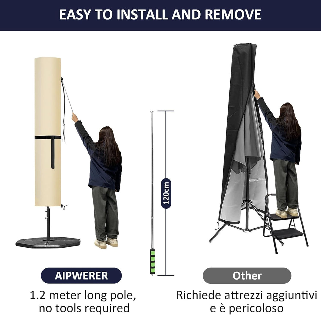 Aipwerer Sonnenschirm Schutzhülle, Abdeckhauben für 3m Wasserdicht, Ampelschirm Hülle mit Stab Winte