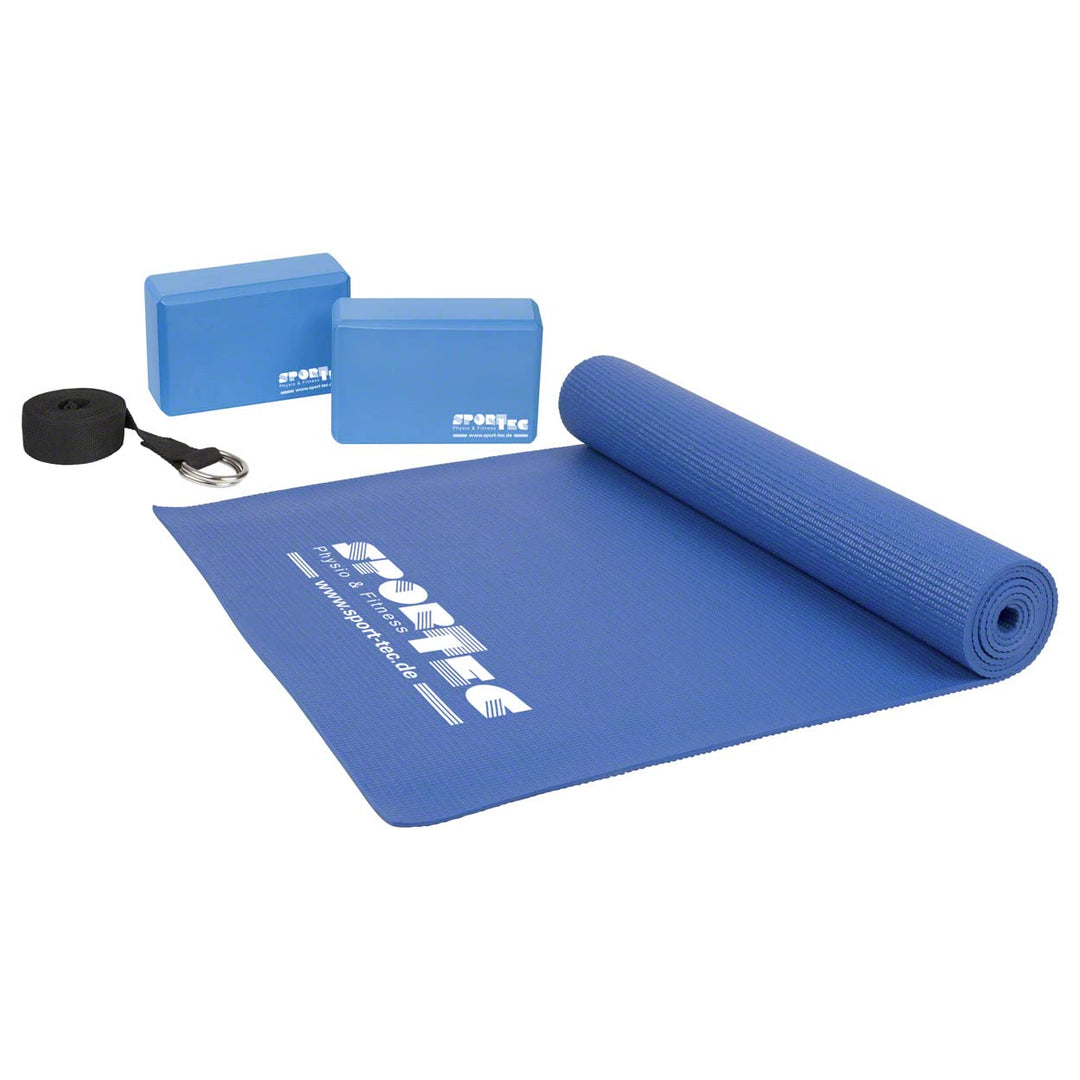 Yoga Starter Set, Matte, Block, Gurt, Pilates, Gymnastik, Fitness, Stretch, Balance, Sport, 4-TLG Bl