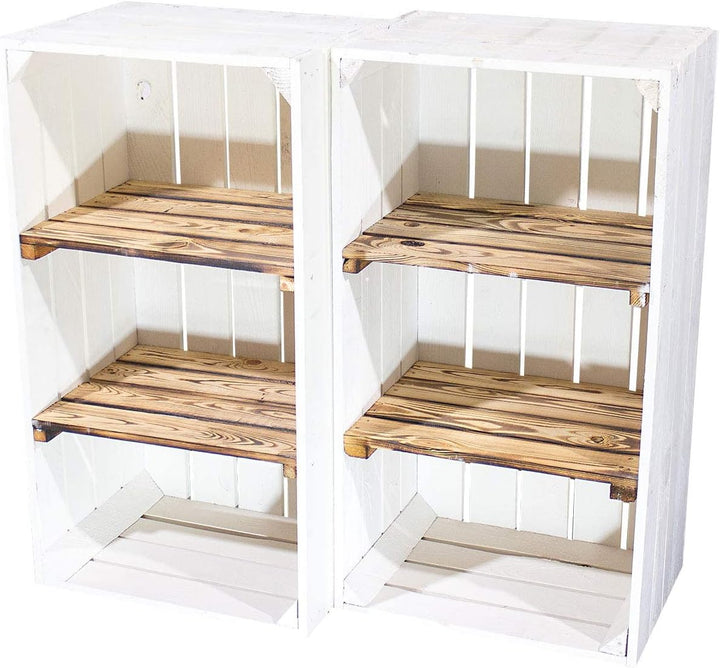 Weisse Holzkiste mit 2 geflammten Mittelbrettern 68cm x 40cm x 31cm Zwischenbretter flambiert Obstki