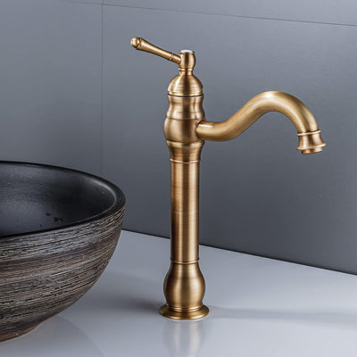 FWZZQ Wasserhahn Bad Antik Messing, Waschtischarmatur Hoch 360°Drehbar, Waschbecken Armatur Retro, E