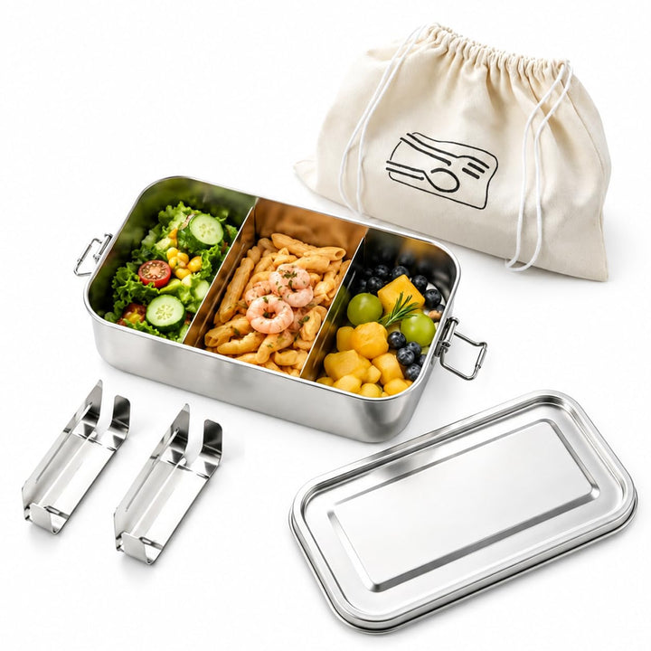 TEAMFAR Brotdose, Edelstahl Bento Lunch Box mit Fächern &amp; Tasche 1400ml | 2 Herausnehmbare Trennwänd