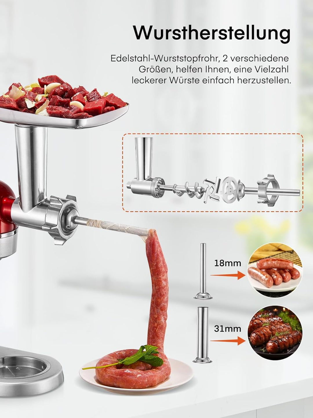 FOHERE Edelstahl Fleischwolf Aufsatz für Kitchenaid Zubehör, Standmixer, Fleischwolf Zubehör Inklusi