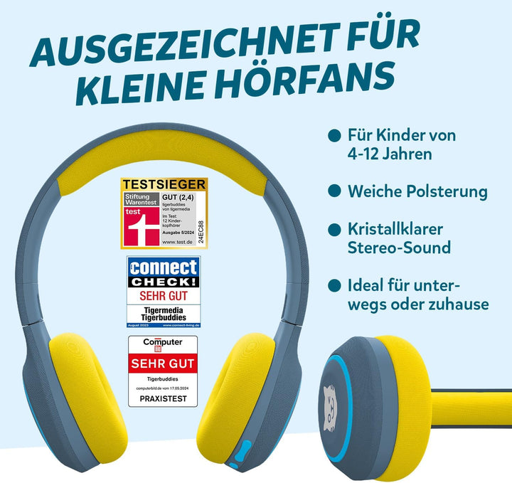tigermedia tigerbuddies Bluetooth Kopfhörer Kinder | Faltbare Kinder Kopfhörer ab 4 Jahren | Mit Lau