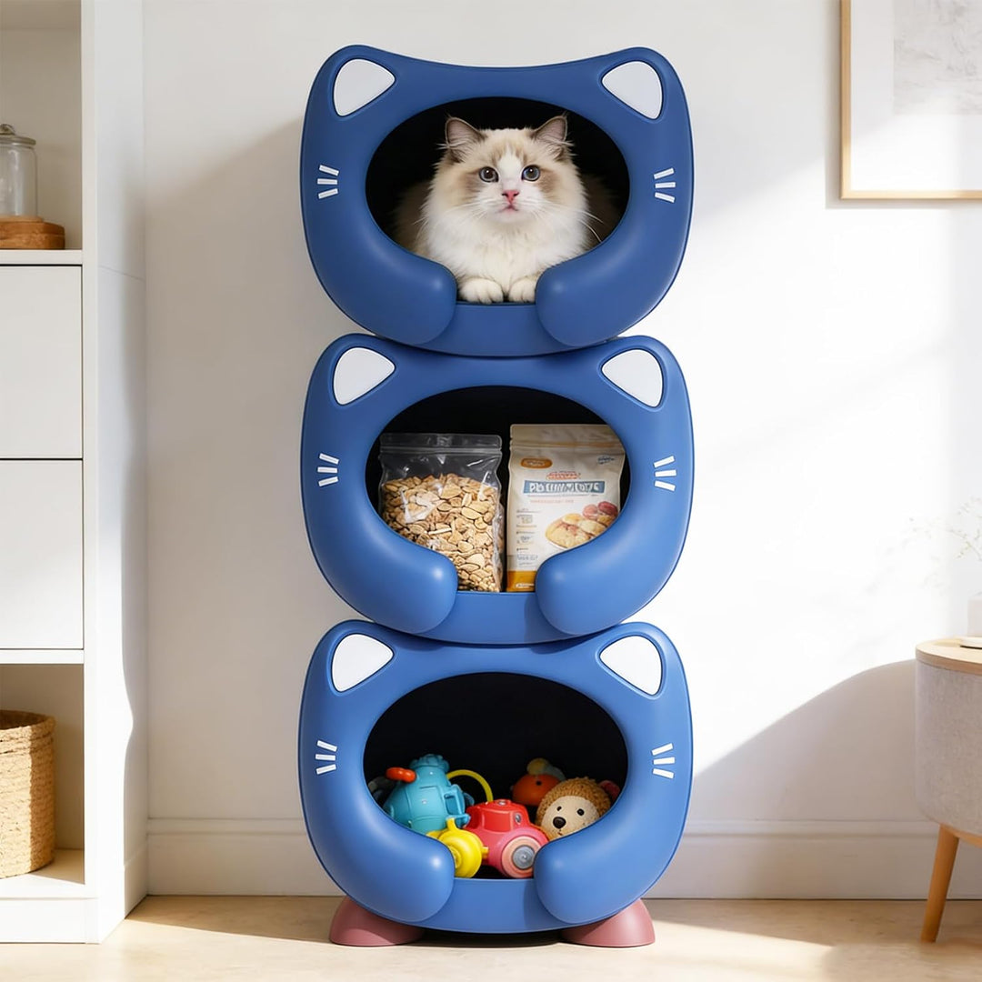 Spielzeug Aufbewahrungsbox Stapelbar Kinderzimmer Plastik Kiste Katzendesign Blau, Blau