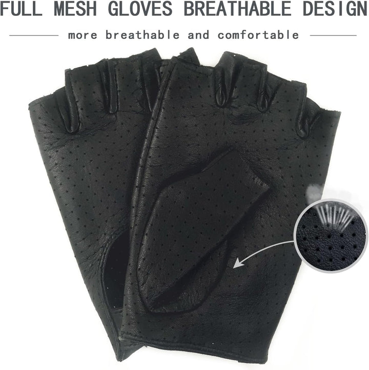 ZLUXURQ Damen-Lederhandschuhe Vollmaschige Fingerlose Halbfinger-Fahrhandschuhe Medium-7" Schwarz, M