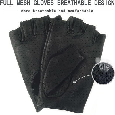 ZLUXURQ Herren-Lederhandschuhe Vollmaschige Fingerlose Halbfinger-Fahrhandschuhe, Large-9.5" Schwarz