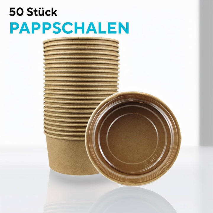 Enpack - 750ml Pappschalen für Lebensmittel aus Kraft Papier mit RPET Deckel 100 Stück - Einweg Papp