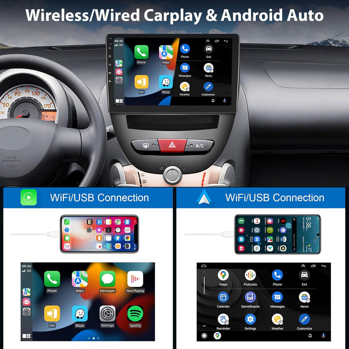 Podofo 10,1 Zoll Autoradio für Peugeot 107/Citroen C1/Toyota Aygo, kabelloses Carplay, Android Auto,