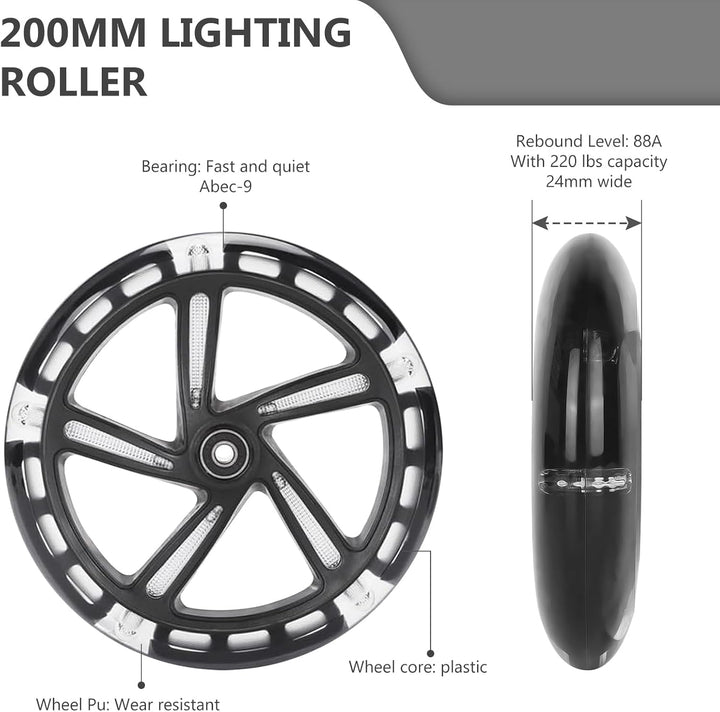 Leuchtende Stunt Scooter Rollen 2 Stück, LED Scooter Ersatzräder Räder 200mm, LED-Lichtrollen Mit AB