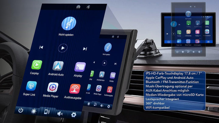 Lescars Navigation: IPS-HD-Touchscreen, 7"/17,8 cm, für Apple CarPlay &amp; Android Auto, 360° (Apple Ca
