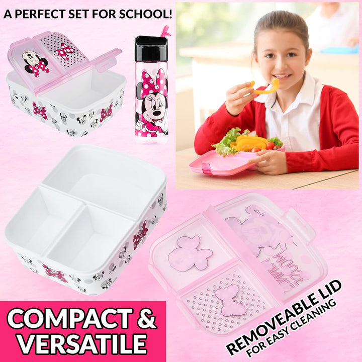 Disney Minnie Mouse Kinder Lunchbox mit Fächern und Wasserflasche für Schule und Ausflüge (Rosa), Ro