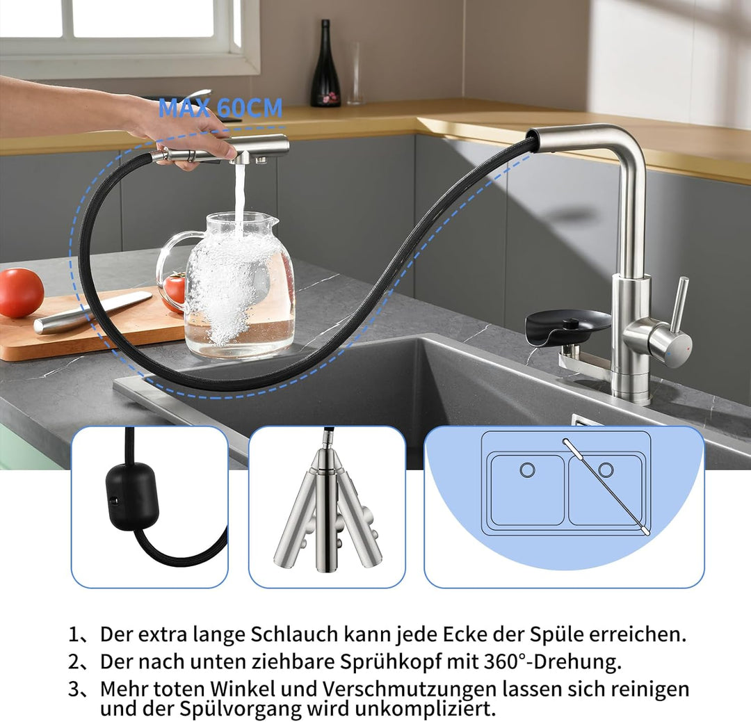 3-Wege Küchenarmatur LakeBayMZC Wasserfilter Glasspüler Ausziehbar Dual-Auslauf,küchenarmatur wasser