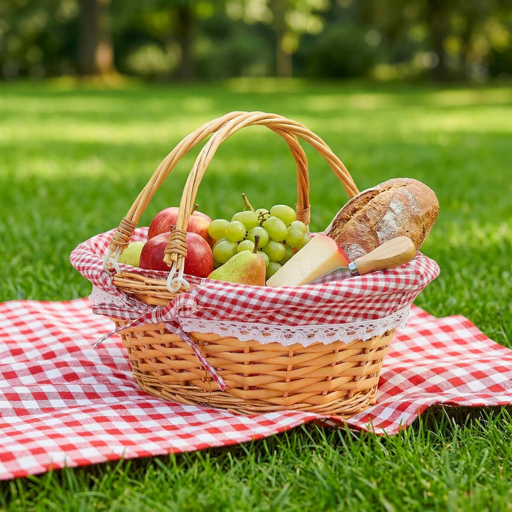 2 Stück Picknickkorb aus Weide, 33x23x12cm, Handgeflochtener Weidenkorb mit Henkel und Gingham Futte