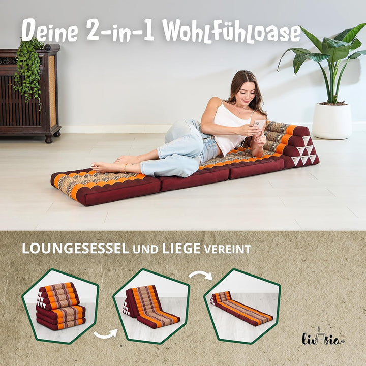 livasia Thaikissen mit 3 Auflagen, Dreieckskissen mit Klappmatratze, Keilkissen Kapok, Rückenkissen