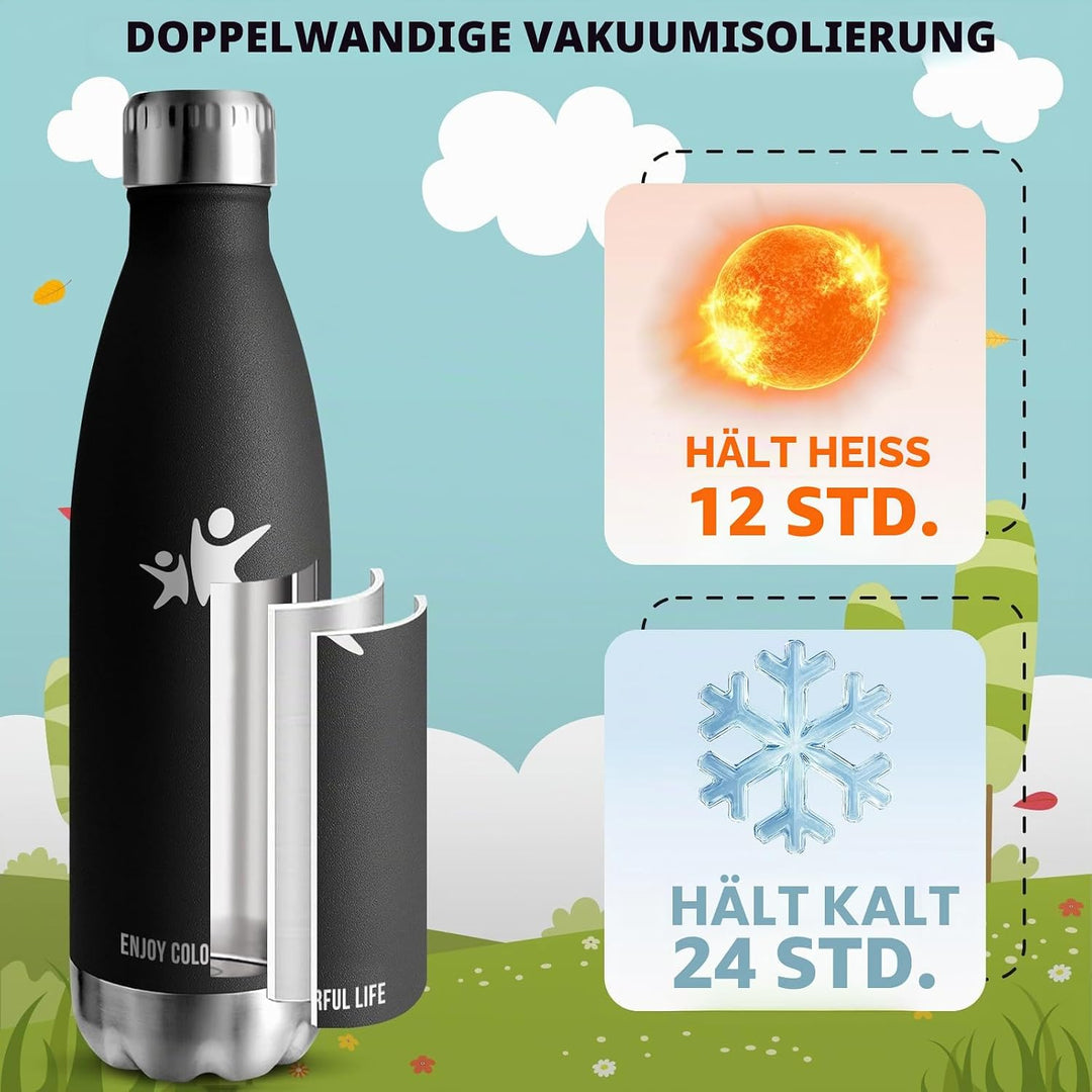 HoneyHolly Trinkflasche Edelstahl, Thermosflasche 500ML, BPA-frei Auslaufsichere Vakuum Isolierte, T
