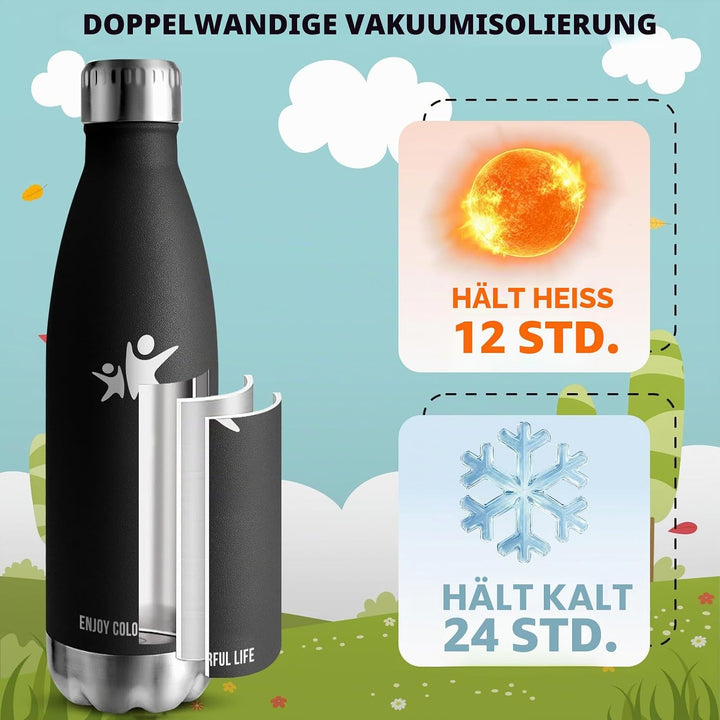 HoneyHolly Trinkflasche Edelstahl, Thermosflasche 500ML, BPA-frei Auslaufsichere Vakuum Isolierte, T