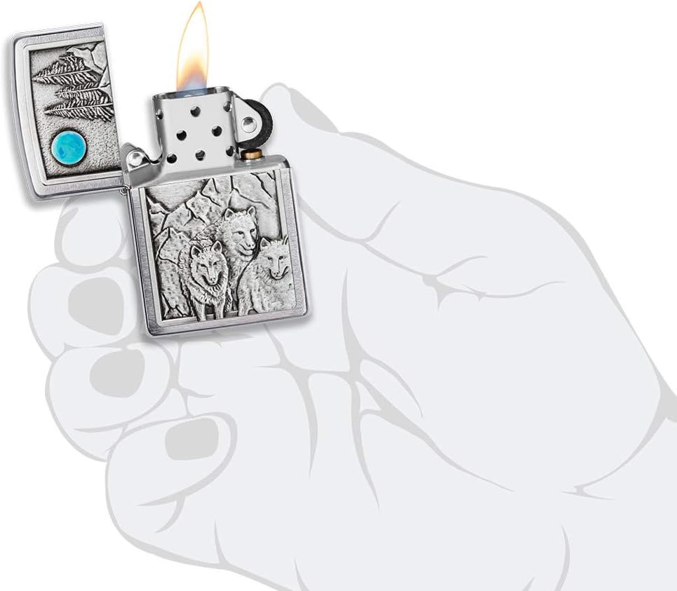 Zippo Wolf Feuerzeuge Gebürstetes Chrom Wolf Pack und Mond, Gebürstetes Chrom Wolf Pack und Mond