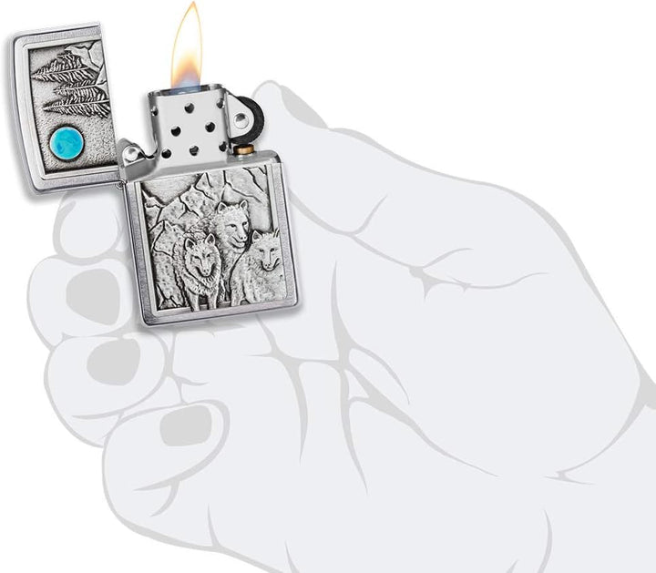 Zippo Wolf Feuerzeuge Gebürstetes Chrom Wolf Pack und Mond, Gebürstetes Chrom Wolf Pack und Mond