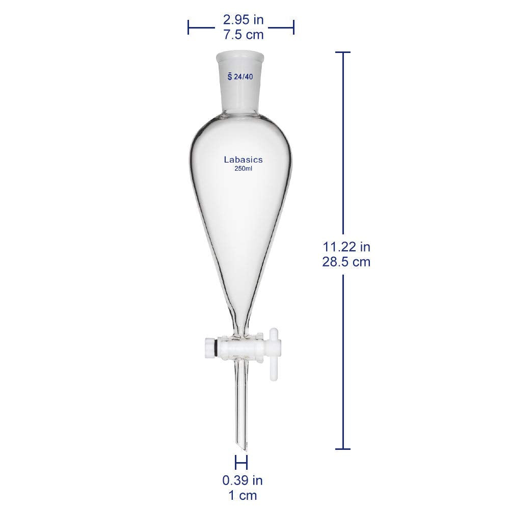 Labasics Borosilikatglas Konischer Scheidetrichter mit PTFE-Absperrhahn, Separatory Funnel 250ml 250
