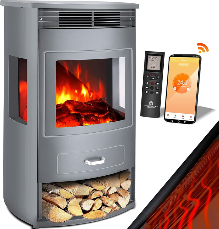 KESSER® Prio Elektrokamin mit Heizung Heizlüfter Fernbedienung WiFi App 950/1900 W Kamin elektrisch