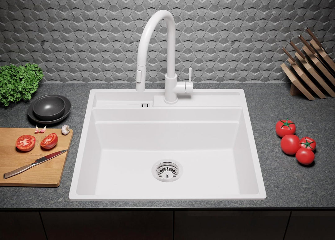 PRIMAGRAN Spülbecken Weiss 58x53cm, Granitspüle 1 Becken + Ablauf-Set, Küchenspüle ab 60er Unterschr