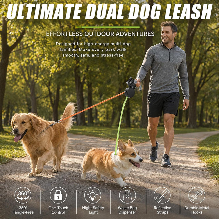 Yuragim Doppelte Einziehbare Hundeleine 3m, Rollleine für 2 Hunde bis 11 kg, 360° Drehgelenk Automat
