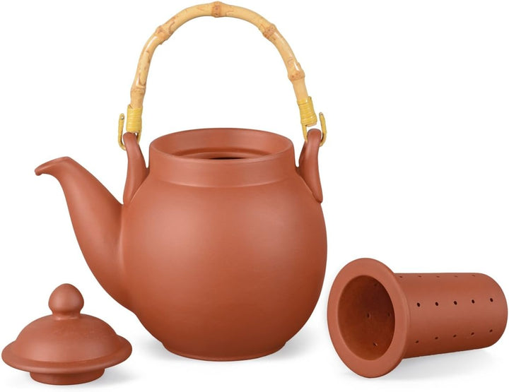 Ton Teekanne Tenno 0,8 Liter mit Tonsieb, Bambushenkel und Stövchen. Handgefertigt, Original