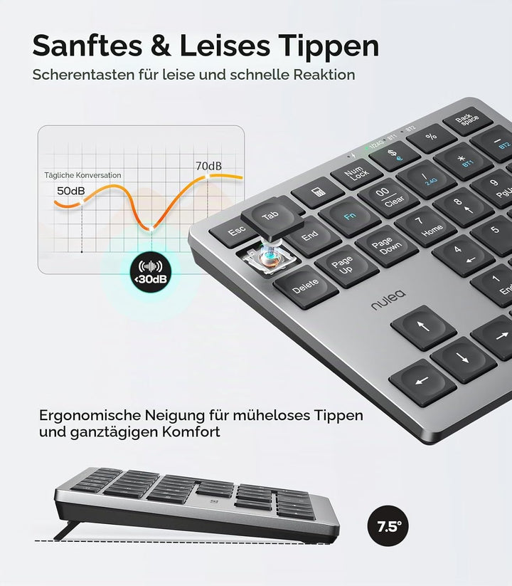 Nulea Kabelloses tragbares Ziffernblatt mit Bluetooth 5.0, wiederaufladbar über USB-C, 34-Tasten-Blu