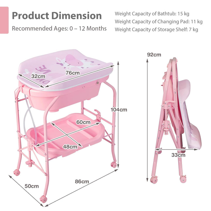 LIFEZEAL Wickeltisch mit Badewanne, 2 in 1 Flatbare Bade-Wickelkombination auf Räder, Badewannenaufs