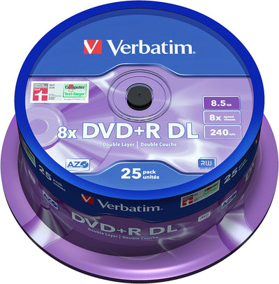 Verbatim DVD+R Double Layer Matt Silver 8.5GB, 25er Pack Spindel, DVD Rohlinge beschreibbar, 8-fache
