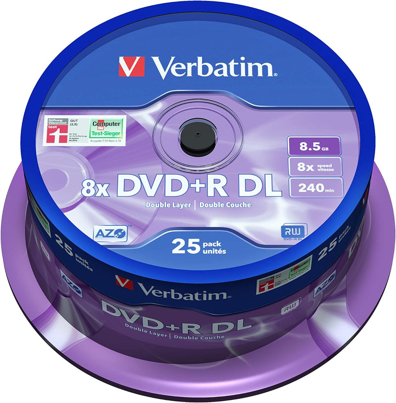 Verbatim DVD+R Double Layer Matt Silver 8.5GB, 25er Pack Spindel, DVD Rohlinge beschreibbar, 8-fache