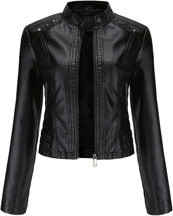 YYNUDA Damen Lederjacke Kurz Bikerjacke Stehkragen Reissverschluss Leder Jacke Übergangsjacke für He