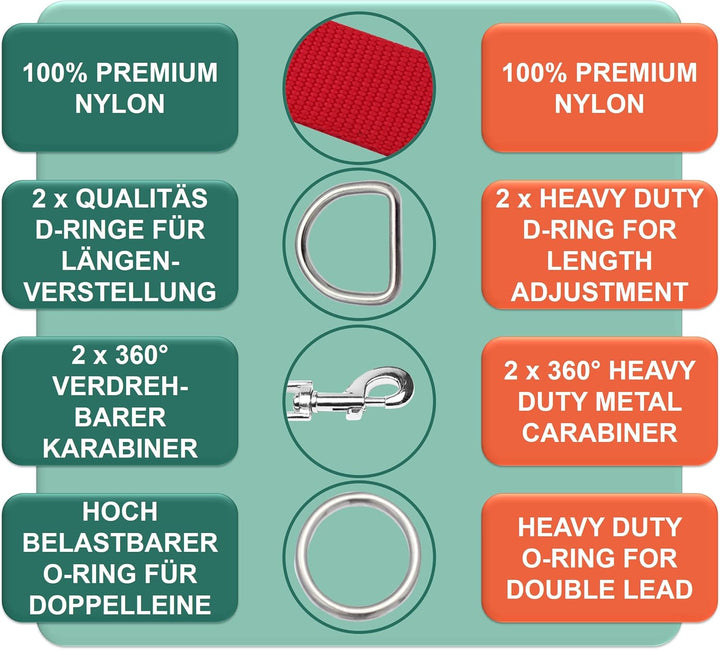 DEY - Premium Hundeleine Nylon 2m | 3fach Verstellbar | für Kleine, Mittelgrosse u. Grosse Hunde | v