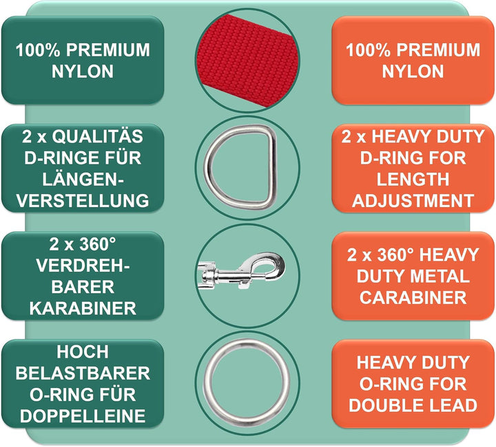 DEY - Premium Hundeleine Nylon 2m | 3fach Verstellbar | für Kleine, Mittelgrosse u. Grosse Hunde | v