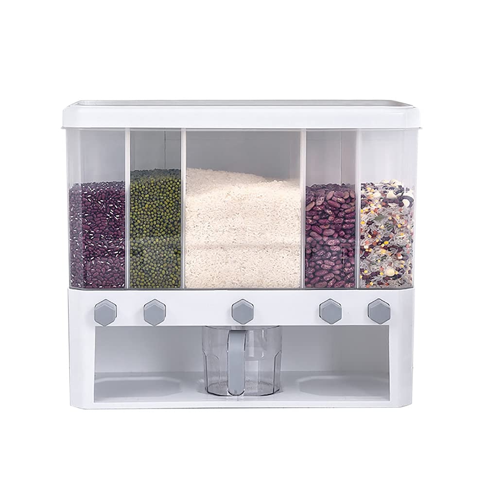 Food Rice Dispenser, 5-Grid 10kg Cereal Storage Container Küche Wall Mount Dry Food Dispenser Weiss