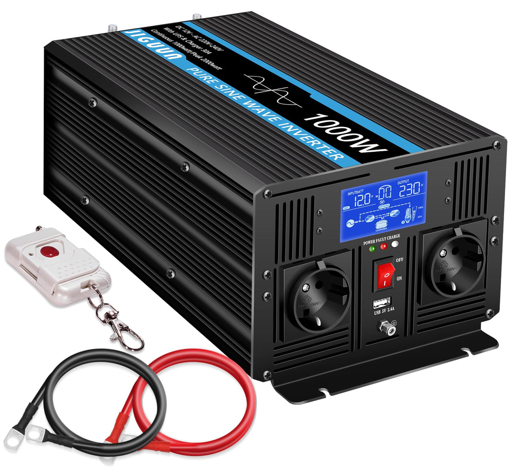 JIGUUN 1000W 2000W Wechselrichter Reiner Sinus Spannungswandler 12v 230v Mit 30A-Ladegerät und Netzv