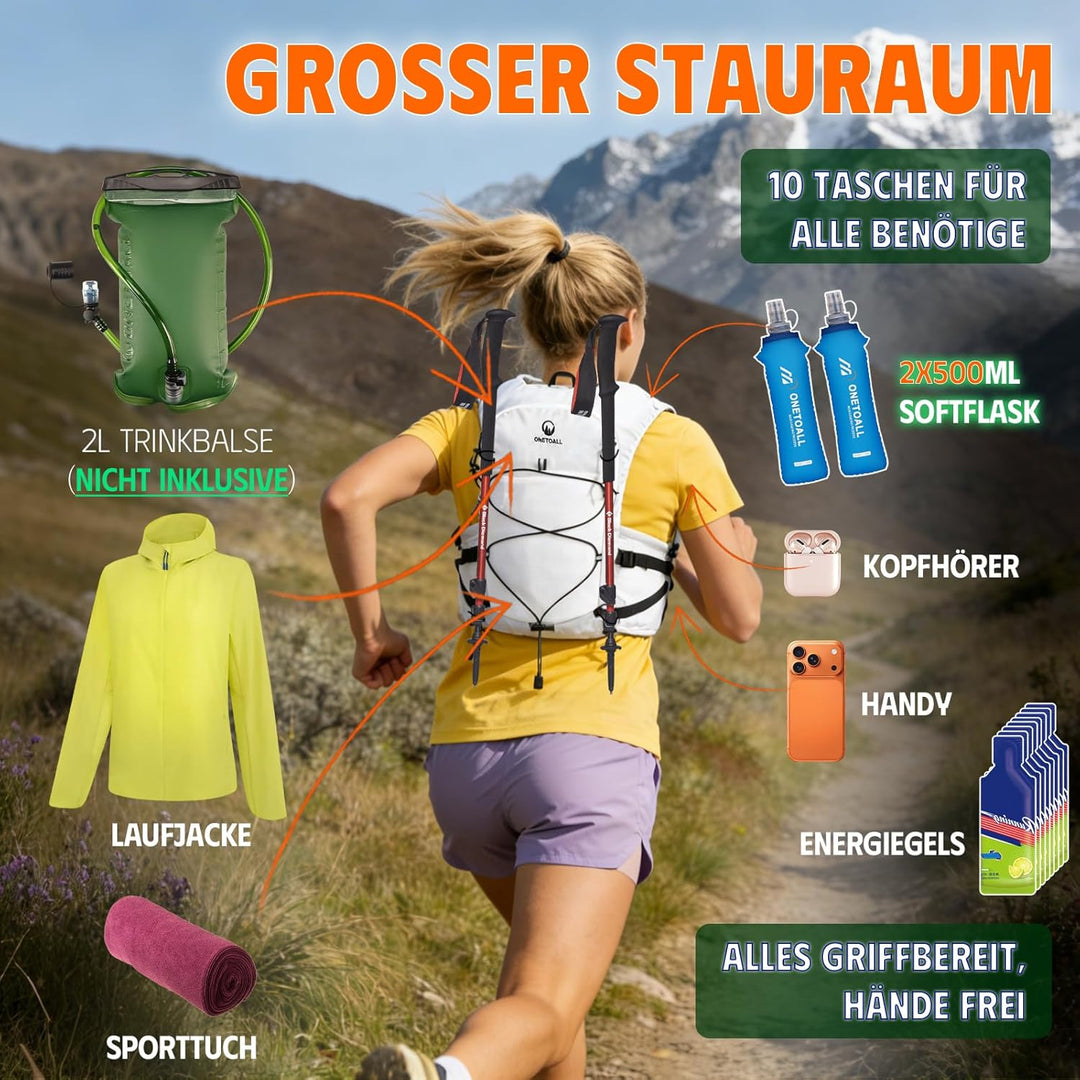 Laufweste Damen mit 2 Faltbare Trinkflasche 500ml, Trinkweste Laufen Herren, Running Vest Laufrucksa