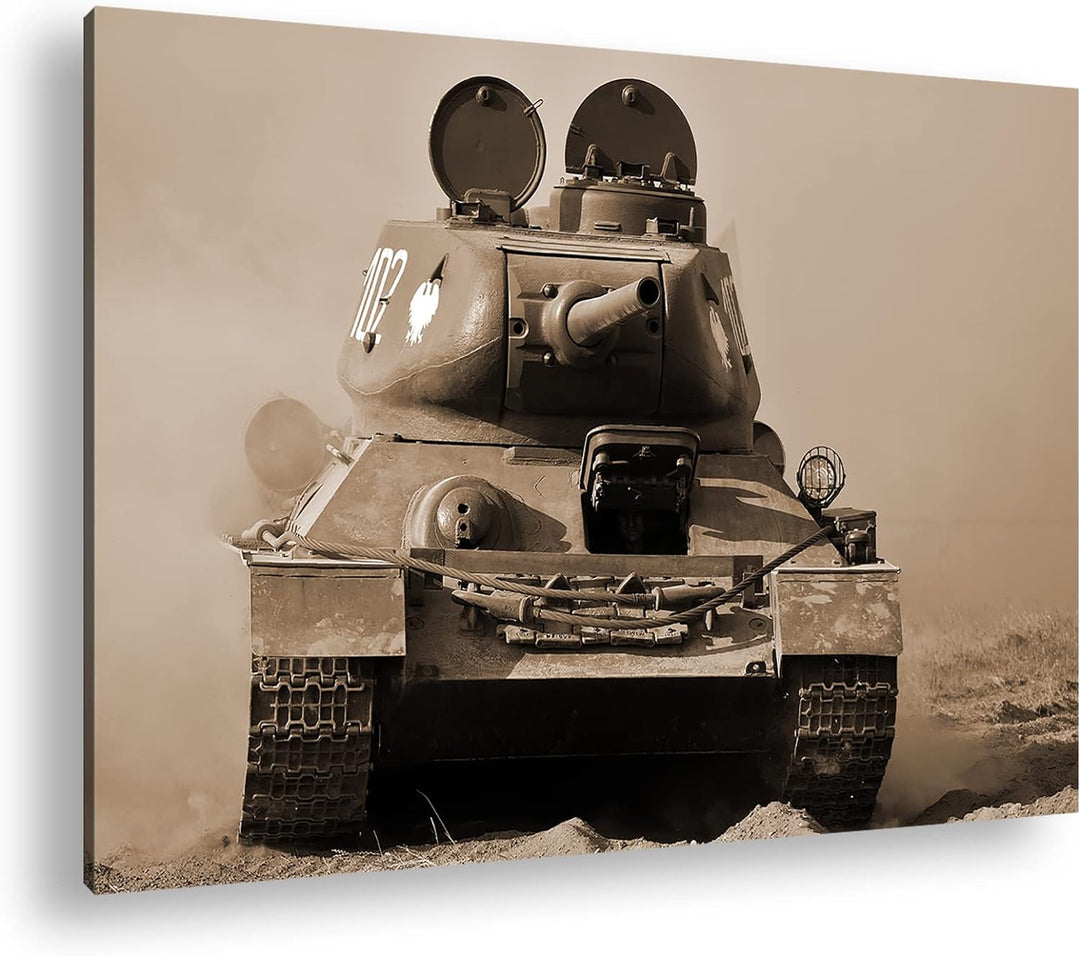 deyoli Panzer im Einsatz Effekt: Sepia Format: 80x60 als Leinwandbild, Motiv fertig gerahmt auf Echt