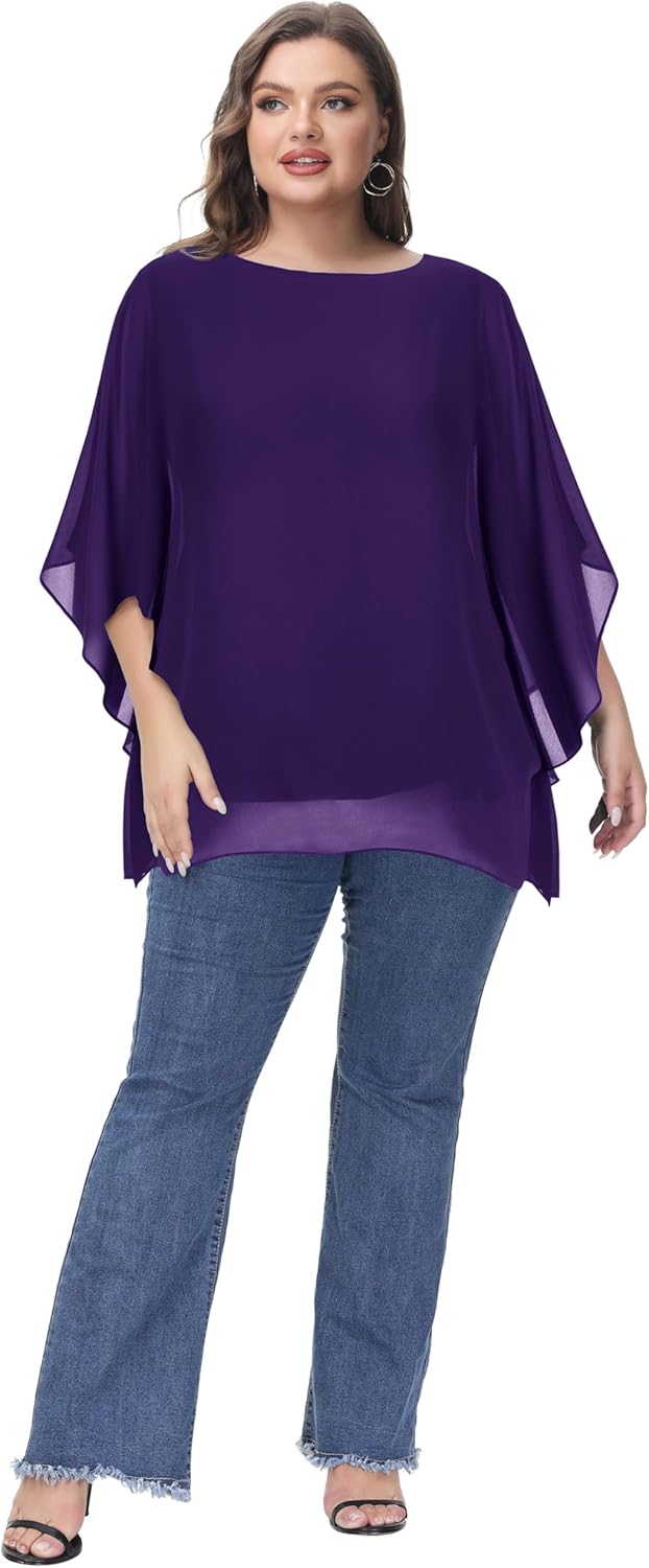 Hanna Nikole Damen Grosse Grössen Chiffon Blusen Elegant Fledermaus Hemd Doppellagige Tops Lose Long