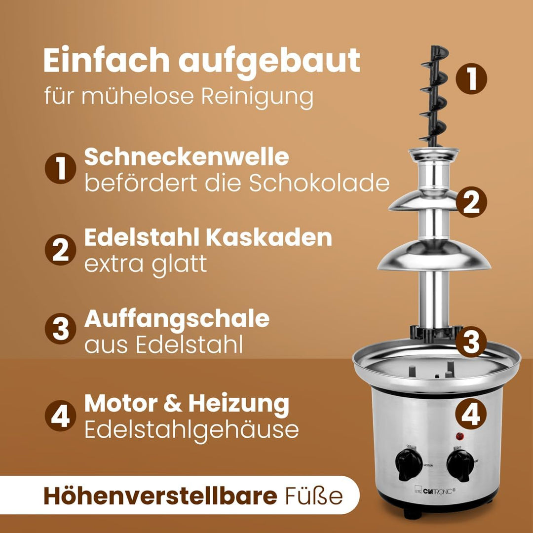 Clatronic SKB 3248 Schokoladenbrunnen, Edelstahlturm, für Früchte oder Gebäck, Edelstahlgehäuse, Tie