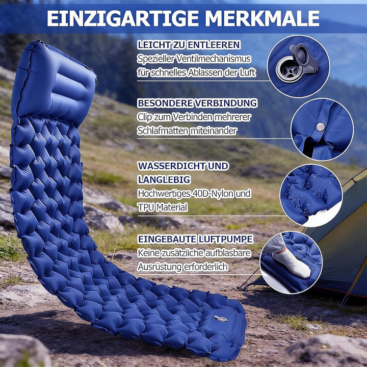 Isomatte Camping, Aufblasbare Isomatte Ultraleicht, Sleeping Isomatte mit Kissen & Fusspumpe, Kompak