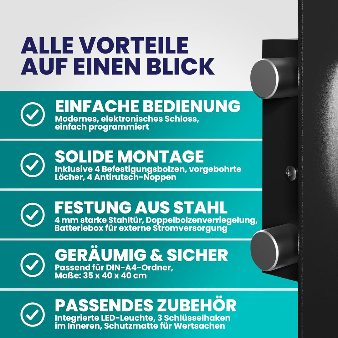 DEUBA® XXL elektr. Tresor 35x40x40cm 4mm Türstärke Doppelstahlbolzen Innenbeleuchtung inkl. Montagem