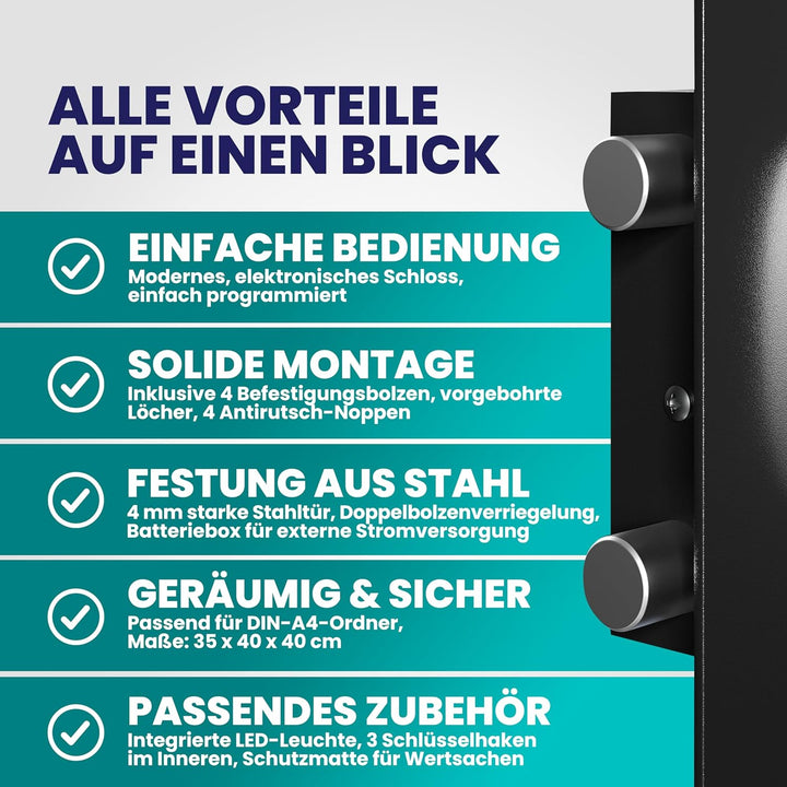 DEUBA® XXL elektr. Tresor 35x40x40cm 4mm Türstärke Doppelstahlbolzen Innenbeleuchtung inkl. Montagem