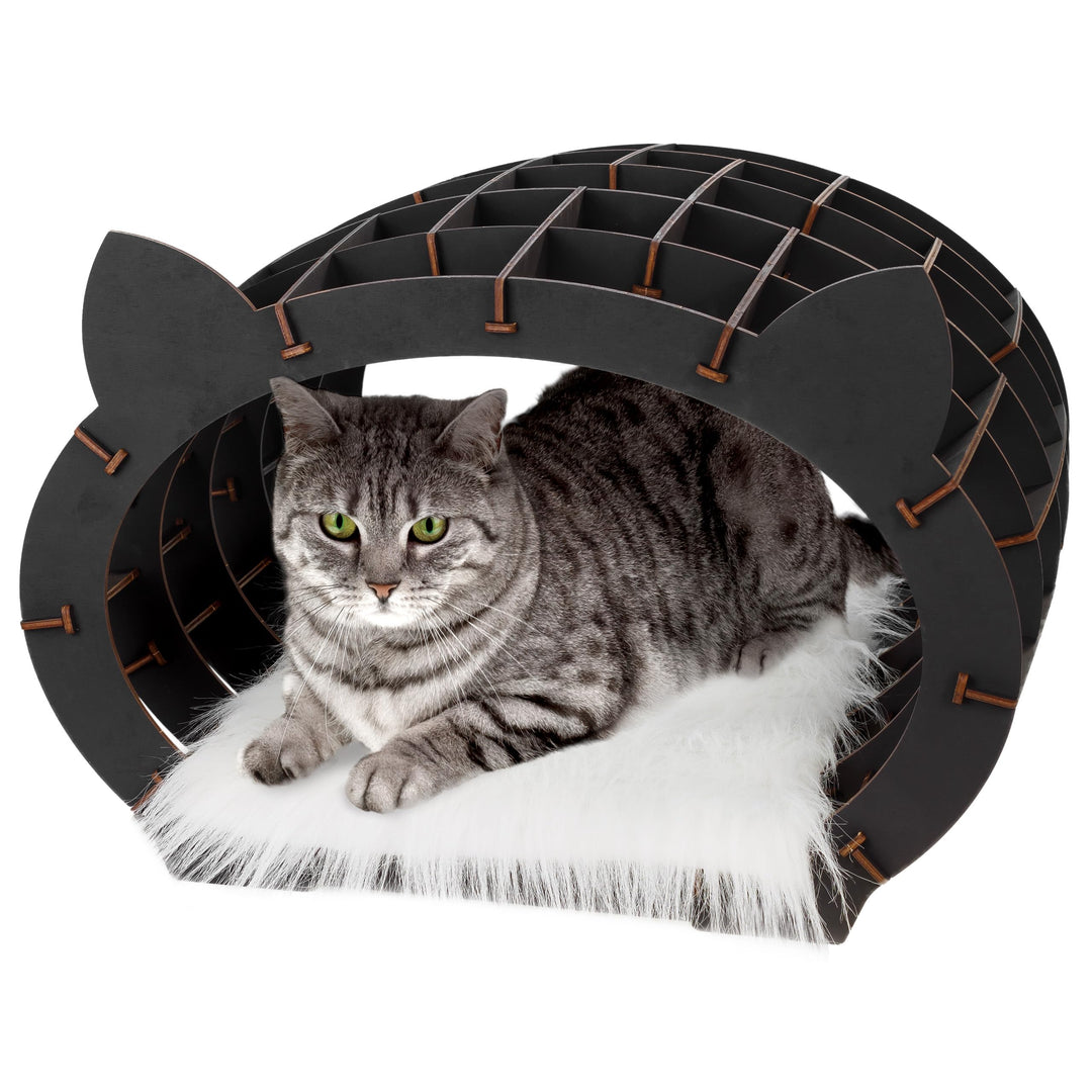 Katzen Haus Modellbau – Katzen Bett Holzpuzzle Erwachsene & Kinder – schwarzes Haus mit weissem Fell
