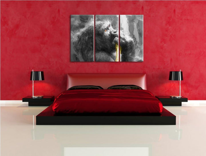 stolzer Gorilla isst schwarz/weiss Deluxe 3-Teiler Leinwandbild 120x80 Bild auf Leinwand, XXL riesig