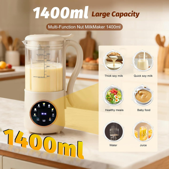 Nussmilchmaschine 1400ml, Sojamilchmaschine mit 16 Klingen & 9 Funktionen, Hafermilch Maschine für M