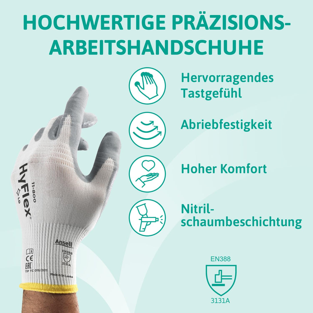 Ansell HyFlex 11-800 Professionelle Arbeitshandschuhe, Rutschfeste Nitril-Beschichtung, Industrie-Sc